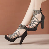 High-Heeled Diamond Roman Sandals Summer 2023 New Fashionable Thick Heels Fishmouth Sandals Large Size Open-Toed