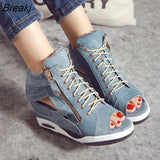 Wedge Heel Denim Women's Shoes 2023 Summer New Lace-up Zipper Thick Sole Sandals Fish Mouth Open Toe Sandals Platform