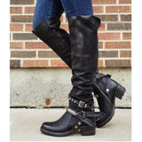 Women Winter Leather Punk style knee boots Vintage stud zip Women's boots with belt buckle Plus Size