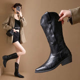 Women Pleated High Heels Western Cowboy Boots Autumn Winter Pointed Toe Pu Leather Long Boot Woman Black Knight Botas