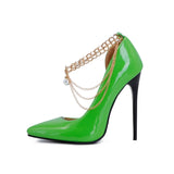 Office Lady Classic Pumps Spring Autumn Thin Extreme High Heels 12cm Stilettos Chain Decorate Glossy PU Leather Party