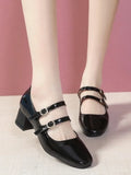 Spring Autumn Women Double Buckle Mary Janes Shoes Patent Leather Dress Shoes High Heels Pumps Retro Ladies Shoe Black