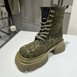 Boots for Women Sexy Leopard Lace-up Round Toe Square Heel Platform Boots Retro Trend Shoes Botas Altas Plataforma