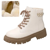 Plush PU Leather Ankle Boots for Women 2023 Winter Warm Flat Heels Cotton Padded Shoes Woman Non Slip Platform Botas