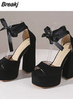 High Heeled Women's Sandals New Fashion 2023 Summer Ankle Buckle Flock Sandals European Style Sexy Party Banquet