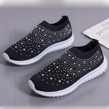 Shiny Crystal Knitted Sneakers Women 2023 Spring Breathable Mesh Flats Woman Plus Size Slip on Running Casual Shoes