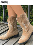 Boots Pointed Toe Mid Calf Boots Autumn Winter 2023 Vintage Style Embroidery Boots Thick Heels Comfy Walking Lady