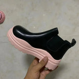 Shoes for Women 2023 Autumn Winter Square Heel Round Toe Chelsea Boots PU Slip-On Mixed Colors Gothic Shoes Botas