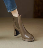 Women Ankle Boots Thick High Heels Round Toe Shoes Woman Zipper Elegant Genuine Leather Autumn