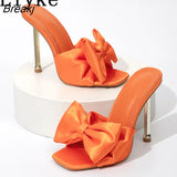 Fashion Yellow Green Silk Butterfly-Knot Women Slippers Mule High Heels Gladiator Sandals Flip Flop Square Toe Party