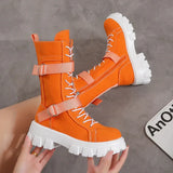 Women's Boots 2022 Spring and Autumn New Thick-soled Comfortable Boots Lace-up Casual Mid-calf Shoes Round Toe Thick-soled