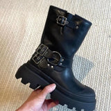 Boots Square Heel Round Toe Gothic Shoes for Women Autumn Medium Heel Women's Shoes Motorcycle Footwear Botas De