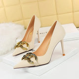 Breakj Fashion And Sexy Nightclub Show Thin Heel Ultra High Heel Women's Shoes Shallow Pointed Big Metal Buckle Single