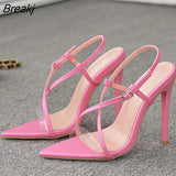 New Pink Sandals For Women Summer PVC Transparent Open Toe Ladies High Heels Pumps Fashion Buckle Strap Party Dress