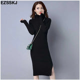 autumn winter meduim long women sweater dress split side turtleneck robe female elasticity slim bodycon knit long