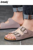 New Summer Men Beach Suede Cork Slipper Couple Shoe Casual Nubuck Leather Women Outdoor Double Buckle Slide