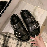 Size 35-40 Summer Shoes Real Leather Beach Ladies Flat Heel Shoes Fashion Casual Female Buckle Strap