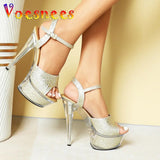 Women New Golden Emboss High Heels Ankle Strap Gladiator Sandals 15CM Stiletto Party Shoes 2023 Thick Bottom Stage Perform