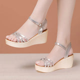 Heel Slope Sandals Wear 2023 Summer New Muffin Thick Soles Fashionable Large Size Soft Soles Gold Sandals