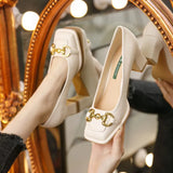 Women's Mid-heel 5.5CM 2023 Summer French Style Back Empty Female Thick Heel Square Toe Mary Jane Shoes Black Green Talon