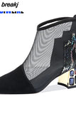 Mesh Sandals Boots Women Mesh Ankle Boot For Summer Mid Heel Rhinestone Ponited Toe Shoes Hollow Out Back Zip