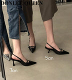 Slingback Sandals Women Med Heels Pumps Rivet Shoes Elegant Pointed Toe Female Mules Dress Slides Denim Sandalias