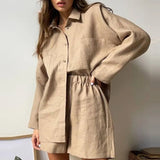 Two Piece Set Casual Long Sleeve Turn-down Collar Cotton Linen Loose Blouse Shirts And High Waist Shorts Retro