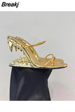 Metal Special-shaped High-heeled Women Sandals 2023 New Runway Woman Shoes Summer Double Thin Strap Open Toe