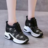 Flower Embroidered Mesh Breathable Ladies Wedge Platform Sneakers High Heels Lace-Up Shoes Comfortable Height