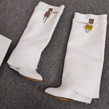 Buckle Women High Knee Boots Large Size High Heels Designer Shoes British Style Denim Wedges Knight Boots For Women