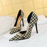 Breakj Korean Version With High Heel Shallow Mouth Pointed Head Side Hollow Cloth Plaid Grain Pearl Metal Chain Thousand Bird Case Single