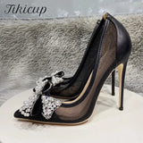 Pearls Bow Women Black Matte Gauze Mesh Pointy Toe High Heel Shoes Elegant Ladies Summer Stiletto Pumps 8cm 10cm