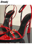 Women's Summer High Heels Solid Color Pointed Toe Stiletto Buckle Fairy Striptease High Heels Red Sandalias De