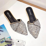 Women's Slippers and Ladies Sandals Crystals Slides Pointed Toe Shoes Mules Summer 2023 with Heel Low Jewels Rhenstone
