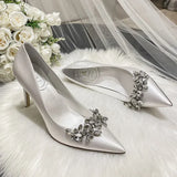 white Champagne Women Bridal Wedding Shoes Faux Silk Satin Rhinestone Crystal Shallow Pumps Stiletto High