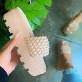 spring/summer new women's high-heeled PU sponge cake sole rubber super thick-soled slippers woven pattern female