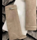 Lock Folded Woman Wedge Boots Black Leather Belt Height Increasing Knee High Boots Pointed Toe Winter Long Boots