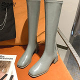 Winter Women Stretch High Boots Square Heel Soft Leather Ladies Knee-High Boots Female Casual Long