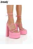 New Sexy Strappy Heels Sandals Women Summer Heels Sandals Thick Sole Cross Lacing High Heels Party Sandals Large Size