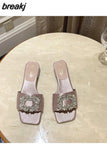 Jewel Slides Women Shoes Open Toe Flat Heels Slip On Mules Crystal Slippers Brand Rhinestone Square Buckle Sandals