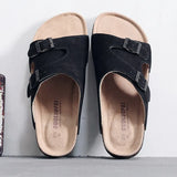 Men's Cow Suede Leather Mule Clogs Slippers High Quality Soft Cork Two Buckle Slides Footwear For Men Women Unisex
