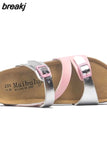 Fashion Print Cork Slipper 2023 New Summer Women Beach Double Buckle Slides
