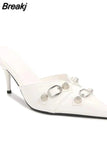 New Dropship 2023 Summer Sexy Women Mules Pump Sandals 7cm Thin High Heeled Big Size 43 Open Sole Moto Biker Rivets