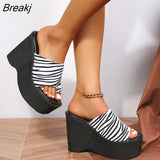 Leopard Print Chunky Heeled Mules High Heels Leisure Trendy Platform Wedges Sandals Women's Slippers Summer