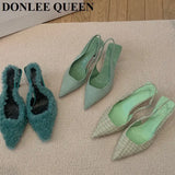 Spring New Brand Pointed Toe Slingback Shoes Thin Heels Shallow Slip On Ladies Elegant Sandals Green Pumps For Dress