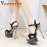 Sequined Slim Heel Women's Shoes Waterproof Platform Peep Toe Sandals Transparent Crystal Sole Sexy Buckle Strap High