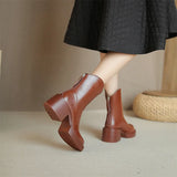 Women Genuine Leather Ankle Western Boots Round Toe Platform Block High Heel Lady Zipper Short Boot Autumn Winter