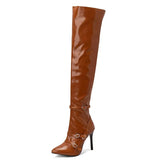 Winter Thin Heels Thigh Boots Women Pointed Toe Over the Knee Boots Big Size 48 Buckles Stiletto Patent Leather Zip