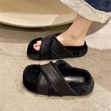Winter Women Platform Fluffy Slipper Casual Fashion Cross Artificial Plush Inside Thick Sole Slides