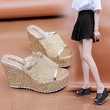 Golden Women Slippers Summer Shoes Platform 4cm Outside Fitting-room 11cm High Heels Wedges Solid Mesh Female Sliver